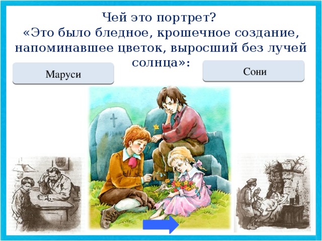 Чей это портрет? «Это было бледное, крошечное создание, напоминавшее цветок, выросший без лучей солнца»: Переход хода  Сони МОЛОДЕЦ Маруси