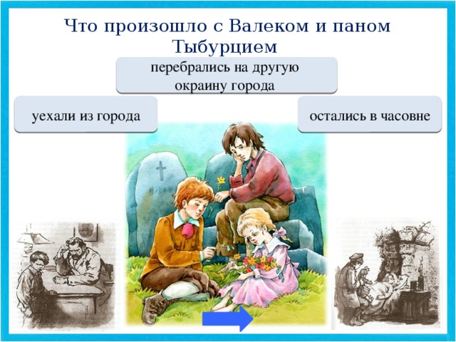 Что произошло с Валеком и паном Тыбурцием после всех событий:  Переход хода перебрались на другую окраину города  МОЛОДЕЦ уехали из города Переход хода остались в часовне