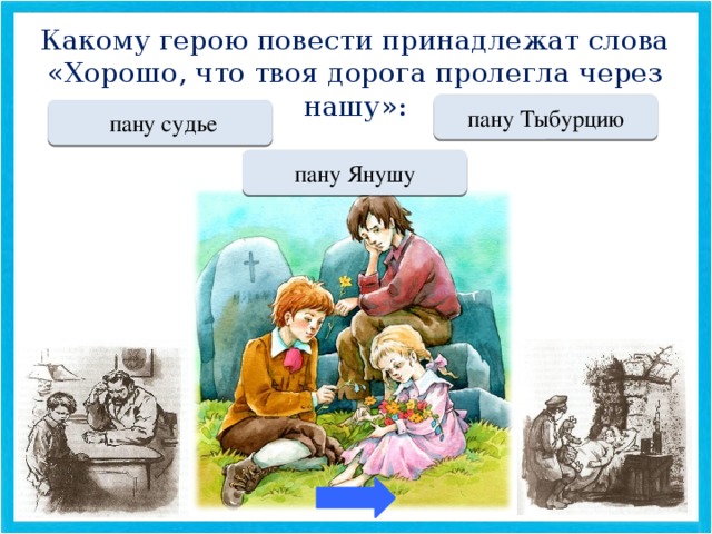 Какому герою повести принадлежат слова «Хорошо, что твоя дорога пролегла через нашу»: МОЛОДЕЦ пану Тыбурцию Переход хода  пану судье Переход хода пану Янушу