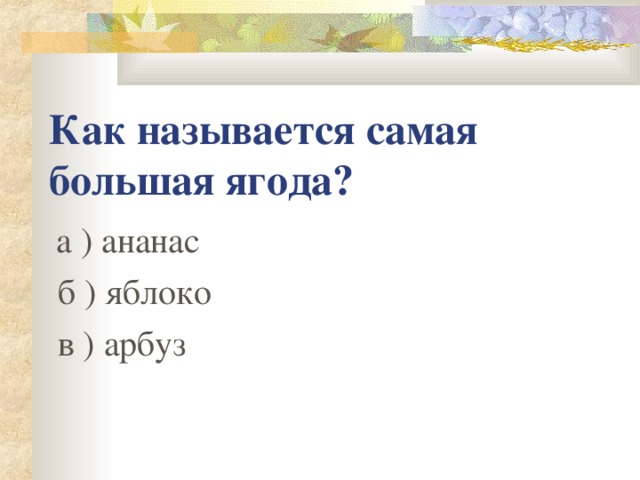 Как называется самая большая ягода?  а ) ананас  б ) яблоко  в ) арбуз