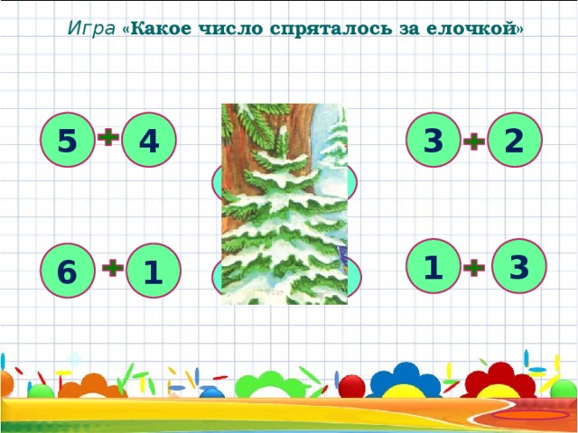 Игра  «Какое число спряталось за елочкой»   5 4 2 3 5 9 1 3 6 1 7 4