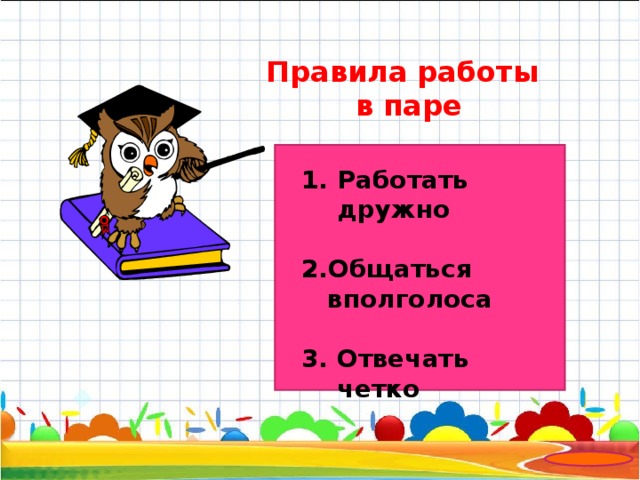 Правила работы  в паре Работать дружно  2.Общаться  вполголоса  3. Отвечать четко