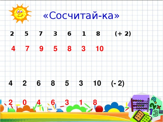 «Сосчитай-ка» 2 5 7 3 6 1 8 (+ 2) 4 7 9 5 8 3 10 4 2 6 8 5 3 10 (- 2) 2 0 4 6 3 1 8