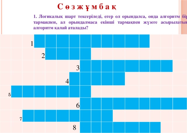 С ө з ж ұ м б а қ 1. Логикалық шарт тексеріледі, егер ол орындалса, онда алгоритм бір тармақпен, ал орындалмаса екінші тармақпен жүзеге асырылатын алгоритм қалай аталады? 1   2 5               7         4     3                                 6                 8                                        