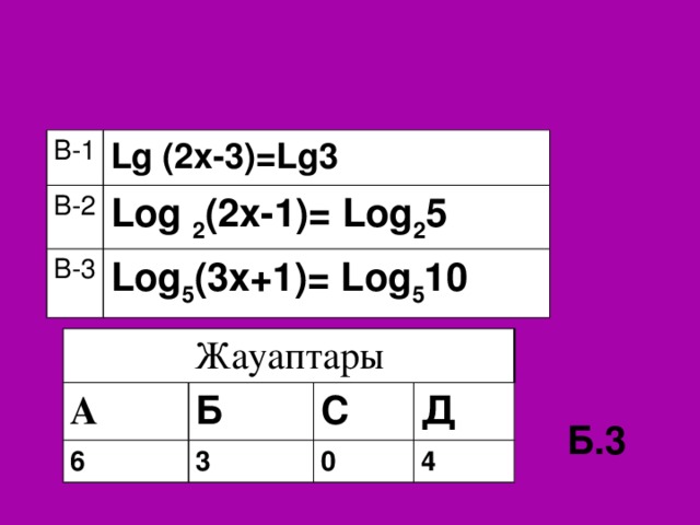 В- 1 В- 2 Lg (2x-3)=Lg3 Log 2 (2х-1)= Log 2 5 В- 3 Log 5 (3х+1)= Log 5 10 Жауаптары А 6 Б 3 С Д 0 4 Б.3
