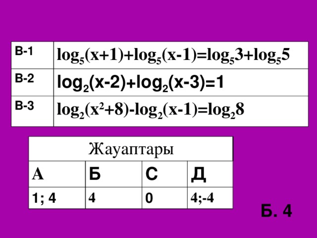 В- 1 log 5 (x+1)+log 5 (x-1)=log 5 3+log 5 5 В- 2 log 2 (x-2)+log 2 (x-3)=1 В- 3 log 2 (x 2 +8)-log 2 (x-1)=log 2 8 Жауаптары А 1; 4 Б С 4 Д 0 4;-4 Б. 4