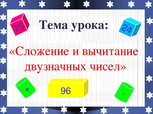 75 - 24 +     Тема урока: «Сложение и вычитание двузначных чисел»      96