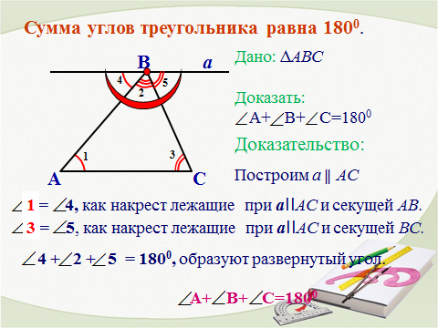 Сумма углов треугольника равна 180. Сумма углов треугольника 7 класс доказательство.