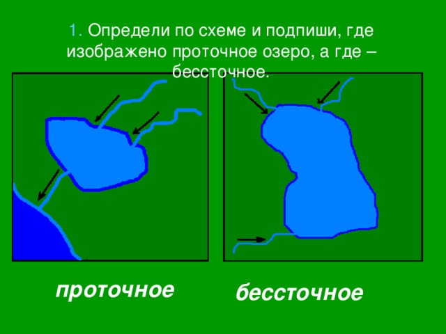 проточное 1. Определи по схеме и подпиши, где изображено проточное озеро, а где – бессточное. бессточное