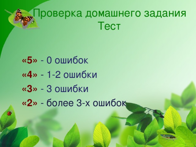 Проверка домашнего задания  Тест «5»  -  0 ошибок «4»  - 1-2 ошибки «3» - 3 ошибки «2» - более 3-х ошибок  