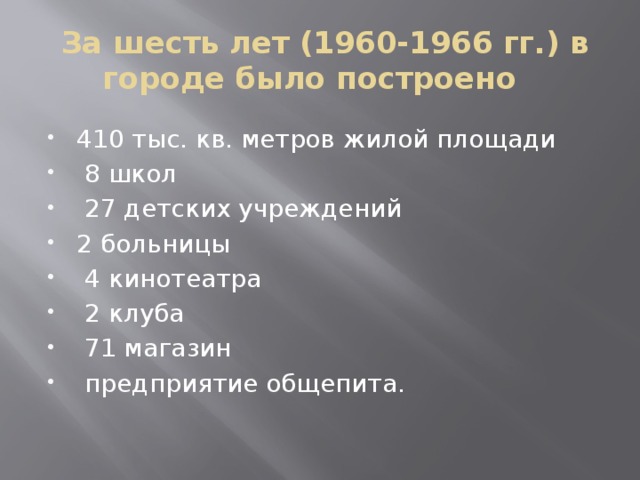 За шесть лет (1960-1966 гг.) в городе было построено