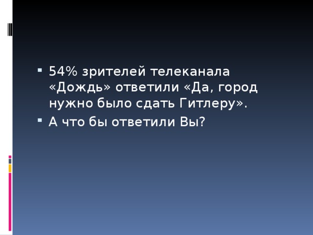 54% зрителей телеканала «Дождь» ответили «Да, город нужно было сдать Гитлеру». А что бы ответили Вы?