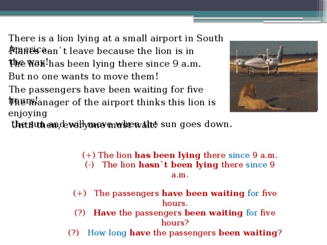 There is a lion lying at a small airport in South America. Planes can`t leave because the lion is in the way! The lion has been lying there since 9 a.m. But no one wants to move them! The passengers have been waiting for five hours! The manager of the airport thinks this lion is enjoying  the sun and will move when the sun goes down. Until then, everyone must wait! (+) The lion has been lying there since 9 a.m. (-) The lion hasn`t been lying there since 9 a.m. (+) The passengers have been waiting for five hours. (?) Have the passengers been waiting for five hours? (?) How long have the passengers been waiting ?
