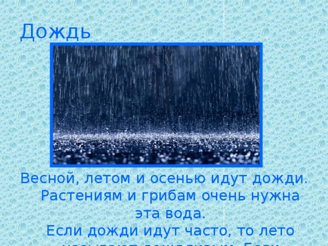 Дождь Весной, летом и осенью идут дожди. Растениям и грибам очень нужна эта вода.  Если дожди идут часто, то лето называют дождливым. Если редко — засушливым.