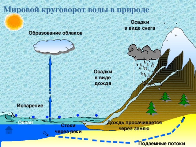 Мировой круговорот воды в природе Осадки в виде снега Образование облаков Осадки в виде дождя Испарение Дождь просачивается Океан через землю Стоки через реки Подземные потоки