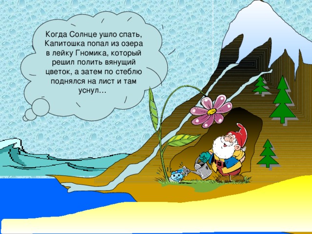 Когда Солнце ушло спать, Капитошка попал из озера в лейку Гномика, который решил полить вянущий цветок, а затем по стеблю поднялся на лист и там уснул…