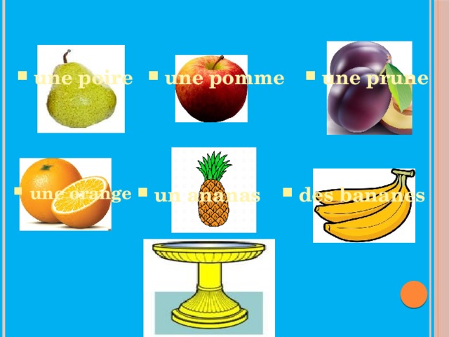 une poire une pomme une prune des bananes un ananas une orange