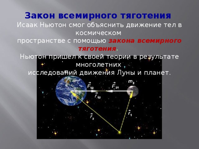 Закон всемирного тяготения задачи. Теория тяготения Ньютона. Исаак Ньютон закон Всемирного тяготения. Закон Всемирного движения. Закон Всемирного тяготения Луна.