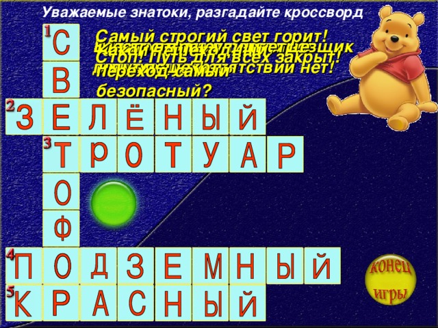 Уважаемые знатоки, разгадайте кроссворд Самый строгий свет горит! Стоп! Путь для всех закрыт! Электрический регулировщик движения. Если вспыхнет … свет – пешеходу препятствий нет! Место вдоль улицы, где идут пешеходы Какой пешеходный переход самый безопасный?