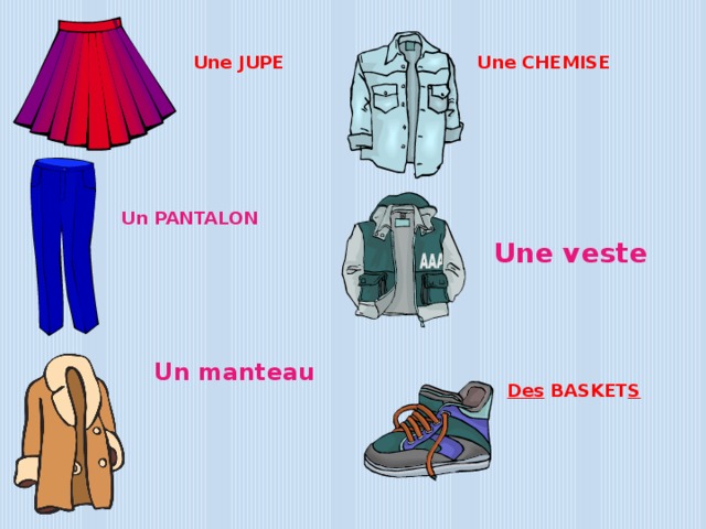 Une CHEMISE Une JUPE Un PANTALON Une veste Use as flashcards Use the backspace button to reinforce, go back two or three pictures You may want to ask students why words are in different colours Un manteau Des BASKET S