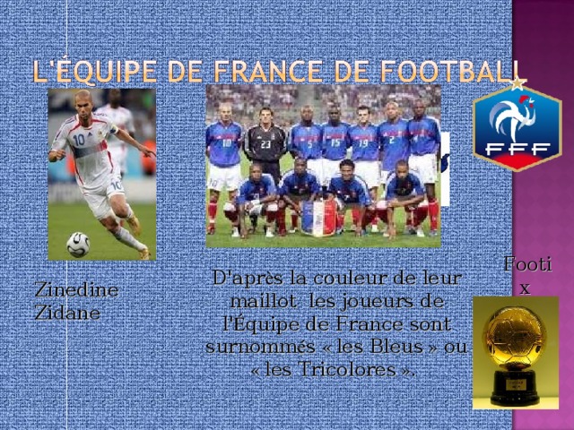 Footix  D 'apr è s la couleur de leur maillot les joueurs de l' É quipe de France sont surnomm é s «  les Bleus  » ou «  les Tricolores  » . Zinedine Zidane
