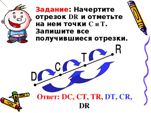Задание : Начертите отрезок DR и отметьте на нем точки С и Т . Запишите все получившиеся отрезки. Ответ: DC , CT , TR ,  DT ,  С R , DR
