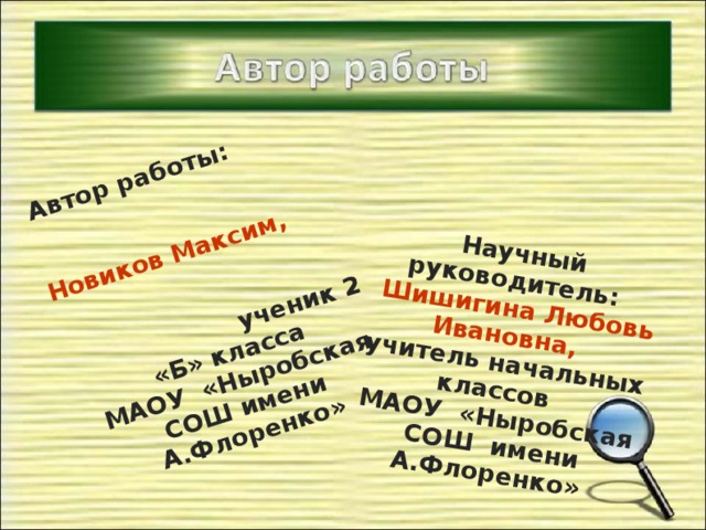 Автор работы:  Новиков Максим,  ученик 2 «Б» класса МАОУ «Ныробская СОШ имени А.Флоренко»  Научный руководитель:  Шишигина Любовь Ивановна,  учитель начальных классов   МАОУ «Ныробская СОШ имени А.Флоренко»