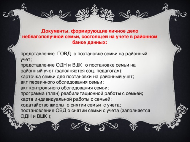 Документы, формирующие личное дело неблагополучной семьи, состоящей на учете в районном банке данных: представление ГОВД о постановке семьи на районный учет; представление ОДН и ВШК о постановке семьи на районный учет (заполняется соц. педагогам); карточка семьи для постановки на районный учет; акт первичного обследования семьи; акт контрольного обследования семьи; программа (план) реабилитационной работы с семьей; карта индивидуальной работы с семьей; ходатайство школы о снятии семьи с учета; постановление ОВД о снятии семьи с учета (заполняется ОДН и ВШК );