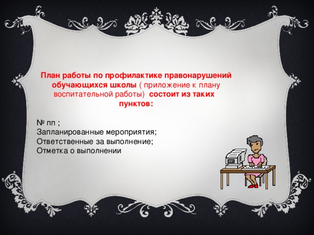 План работы по профилактике правонарушений обучающихся школы ( приложение к плану воспитательной работы) состоит из таких пунктов:  № пп ; Запланированные мероприятия; Ответственные за выполнение; Отметка о выполнении