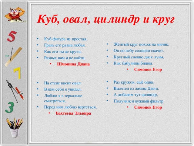 Куб, овал, цилиндр и круг  Жёлтый круг похож на мячик. Он по небу солнцем скачет. Круглый словно диск луны, Как бабулины блины. Симонов Егор  Раз кружок, ещё один. Вылетел из лампы Джин. А добавим тут цилиндр, Получился нужный фильтр Симонов Егор  Куб фигура не простая. Грань его равна любая. Как его ты не крути, Разных нам и не найти. Шмонина Диана