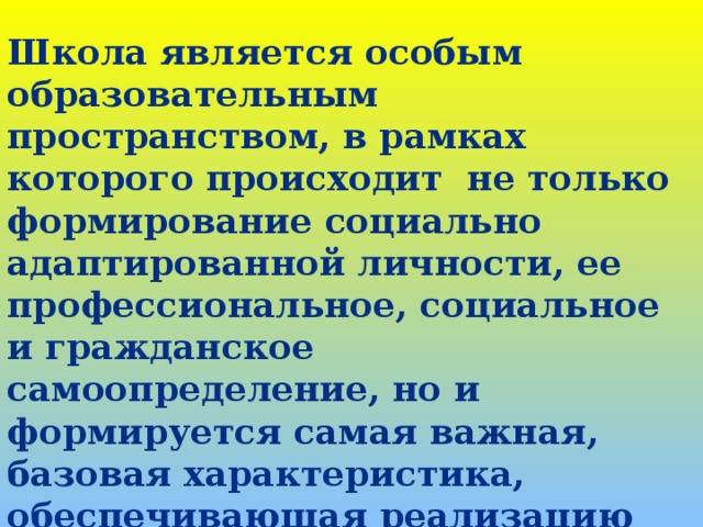 Школа является особым образовательным пространством, в рамках которого происходит не только формирование социально адаптированной личности, ее профессиональное, социальное и гражданское самоопределение, но и формируется самая важная, базовая характеристика, обеспечивающая реализацию всех остальных – здоровье.