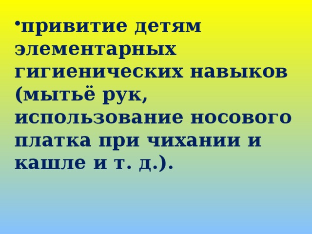 привитие детям элементарных гигиенических навыков (мытьё рук, использование носового платка при чихании и кашле и т. д.).