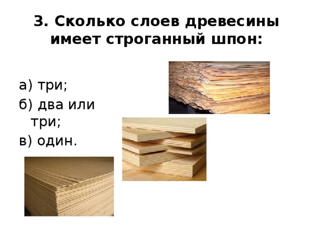 3. Сколько слоев древесины имеет строганный шпон: а) три; б) два или три; в) один.