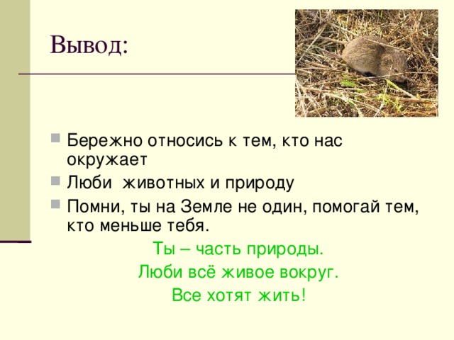 Вывод: Бережно относись к тем, кто нас окружает Люби животных и природу Помни, ты на Земле не один, помогай тем, кто меньше тебя. Ты – часть природы. Люби всё живое вокруг. Все хотят жить!