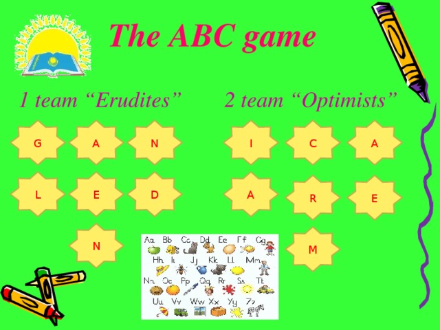 The ABC game 2 team “Optimists” 1 team “Erudites” A C I N A G E L A D R E N M