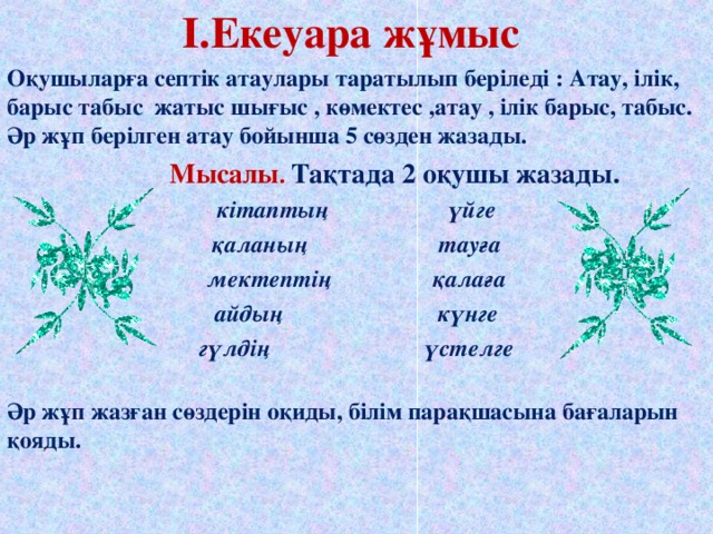 І.Екеуара жұмыс Оқушыларға септік атаулары таратылып беріледі : Атау, ілік, барыс табыс жатыс шығыс , көмектес ,атау , ілік барыс, табыс. Әр жұп берілген атау бойынша 5 сөзден жазады.  Мысалы . Тақтада 2 оқушы жазады. кітаптың үйге қаланың тауға мектептің қалаға айдың күнге гүлдің үстелге Әр жұп жазған сөздерін оқиды, білім парақшасына бағаларын қояды.