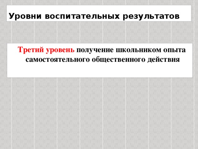 Уровни воспитательных результатов  Третий уровень получение школьником опыта самостоятельного общественного действия