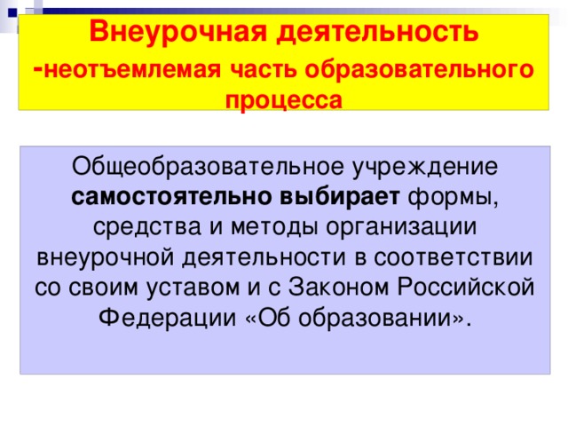 Внеурочная деятельность - неотъемлемая часть образовательного процесса Общеобразовательное учреждение самостоятельно выбирает формы, средства и методы организации внеурочной деятельности в соответствии со своим уставом и с Законом Российской Федерации «Об образовании».