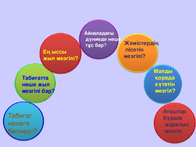 Айналадағы  дүниеде неше  тұс бар ? Жемістердің  пісетін мезгілі?   Ең ыссы жыл мезгілі?  Малды  қорада  күтетін  мезгіл? Табиғатта неше жыл мезгілі бар?  Ағаштар бүршік  жаратын  мезгіл.   Табиғат нешеге бөлінеді? 3