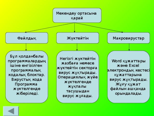 Мекендеу ортасына қарай Жүктейтін Макровирустар Файлдық Негізгі жүктейтін жазбаға немесе жүктейтін секторға вирус жұқтырады. Операциялық жүйе  жүктелгенде жұқпалы  тасушыдан вирус жұғады. Бұл қолданбалы  программалардың ішіне енгізілген программалық кодалық блоктар. Вирустық кода Программа жүктелгенде  жіберіледі. Word құжаттары және Excel  электрондық кестесі құжаттарына вирус жұқтырады. Жұғу құжат файлын ашқанда орындалады.