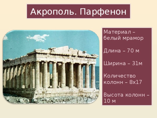 Акрополь. Парфенон Материал – белый мрамор Длина – 70 м Ширина – 31м Количество колонн – 8х17 Высота колонн – 10 м