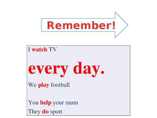 Remember! I watch TV every day. We play football You help your mum They do sport