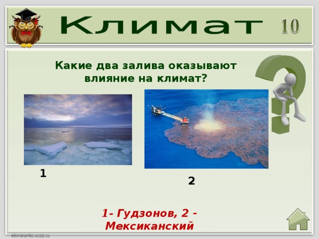 Какие два залива оказывают влияние на климат? 1 2 1- Гудзонов, 2 - Мексиканский