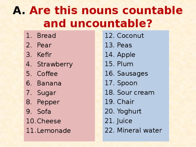 A. Are this nouns countable and uncountable? 12. Coconut 13. Peas 14. Apple 15. Plum 16. Sausages 17. Spoon 18. Sour cream 19. Chair 20. Yoghurt 21. Juice 22. Mineral water