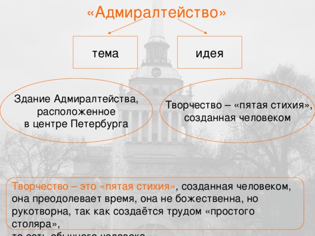 «Адмиралтейство» тема идея Здание Адмиралтейства,  Творчество – «пятая стихия», расположенное созданная человеком в центре Петербурга Творчество – это «пятая стихия» , созданная человеком, она преодолевает время, она не божественна, но рукотворна, так как создаётся трудом «простого столяра», то есть обычного человека.