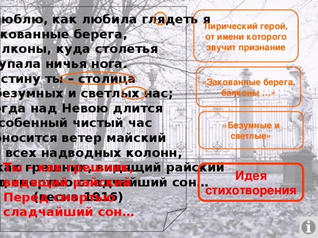 Как люблю, как любила глядеть я На закованные берега, На балконы, куда столетья Не ступала ничья нога. И воистину ты – столица Для безумных и светлых нас; Но когда над Невою длится Тот особенный чистый час И проносится ветер майский Мимо всех надводных колонн, Ты – как грешник, видящий райский Перед смертью сладчайший сон…   (весна 1916) Лирический герой, от имени которого звучит признание «Закованные берега, балконы …» «Безумные и светлые» Ты – как грешник, видящий райский Перед смертью сладчайший сон… Идея стихотворения