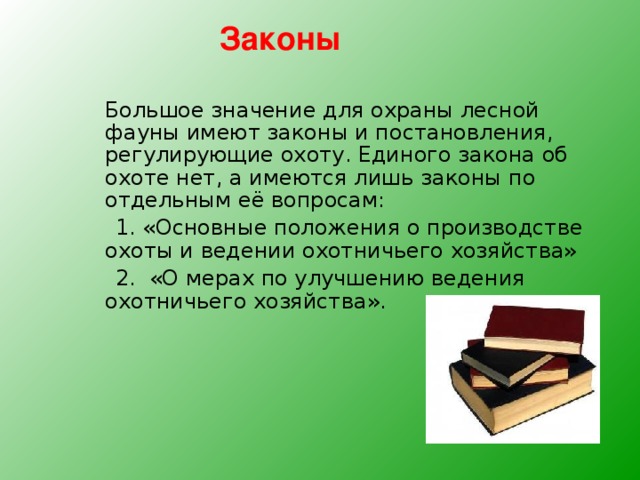 Законы  Большое значение для охраны лесной фауны имеют законы и постановления, регулирующие охоту. Единого закона об охоте нет, а имеются лишь законы по отдельным её вопросам:  1. «Основные положения о производстве охоты и ведении охотничьего хозяйства»  2. «О мерах по улучшению ведения охотничьего хозяйства».