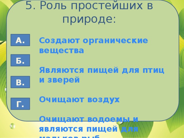 5. Роль простейших в природе: Создают органические вещества А.  Являются пищей для птиц и зверей  Очищают воздух  Очищают водоемы и являются пищей для мальков рыб Б. В. Г.