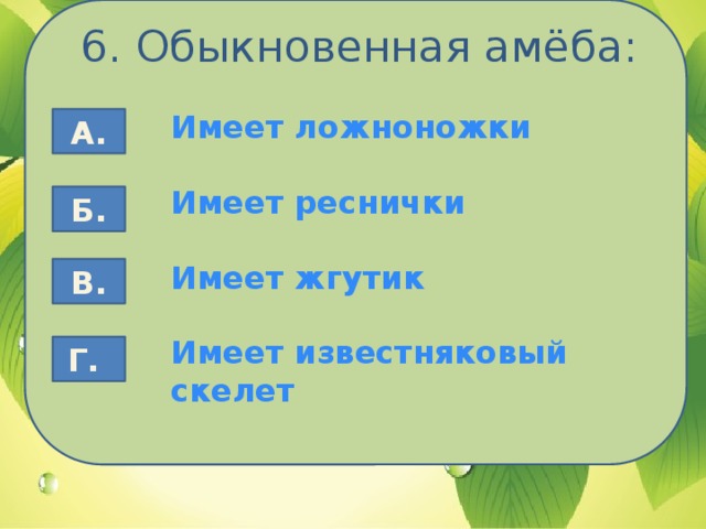 6. Обыкновенная амёба: Имеет ложноножки  Имеет реснички  Имеет жгутик  Имеет известняковый скелет А. Б. В. Г.