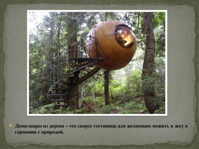 Дома-шары из дерева – это скорее гостиница для желающих пожить в лесу в гармонии с природой.